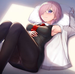  1girl armpits ass blush breasts commentary_request fate/grand_order fate_(series) glasses hair_over_one_eye large_breasts looking_at_viewer lying mash_kyrielight nullken on_back open_mouth pantyhose pillow purple_eyes purple_hair short_hair smile solo 