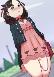  1girl bag black_choker black_hair black_jacket blush breasts choker cleft_of_venus closed_mouth commentary creatures_(company) day dress drooling english_commentary gaiidraws game_freak green_eyes hair_ribbon handbag highres holding holding_bag holding_poke_ball jacket marnie_(pokemon) nintendo no_panties outdoors pink_dress poke_ball poke_ball_(basic) pokemon pokemon_swsh public_indecency pussy red_ribbon remote_control_vibrator ribbon sex_toy short_dress sky small_breasts solo thighs twintails vibrator vibrator_cord 