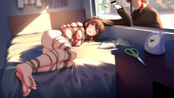  1boy 1girl ball_gag barefoot bdsm bed blue_eyes blush bondage bound breast_bondage breasts brown_hair cellphone clock faceless faceless_male feet gag hand_on_another&#039;s_head himitsu_(hi_mi_tsu_2) lying medium_breasts nipples nude on_side open_mouth original phone restrained rope scissors short_hair smartphone tears  rating:Questionable score:151 user:smartnoodles