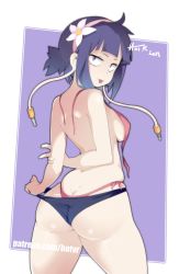 1girl arm_behind_back artist_name ass back bikini blunt_bangs boku_no_hero_academia breasts butt_crack clothes_pull hairband highres hot_vr jirou_kyouka looking_at_viewer looking_back medium_breasts pink_bikini pulled_by_self purple_eyes purple_hair short_hair side-tie_bikini_bottom sideboob skindentation solo standing swimsuit thighs thong tongue tongue_out undressing whale_tail_(clothing) rating:Questionable score:110 user:JustHere4Tits