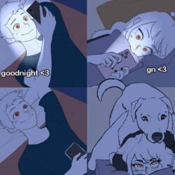  1girl 2boys animated bed bestiality cellphone cheating_(relationship) comic couple_texting_in_bed_(meme) dog doggystyle drooling electricfeel eyelashes interspecies meme multiple_boys netorare on_bed orange_eyes phone sex sex_from_behind smile snoo third-party_edit 