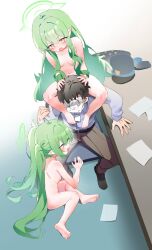 1boy 2girls absurdres ass belt black_belt black_footwear black_hair blue_archive blush breasts chair chinese_commentary collared_shirt completely_nude doodle_sensei_(blue_archive) fang green_hair green_halo grey_pants grey_shirt hair_censor hair_over_breasts halo highres hikari_(blue_archive) loli long_hair long_sleeves meng_yin multiple_girls nozomi_(blue_archive) nude open_mouth pants paper pointy_ears sensei_(blue_archive) shirt shoes siblings sisters sitting small_breasts smile twins twintails yellow_eyes  rating:Questionable score:20 user:danbooru