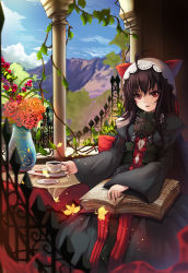  1girl ahoge animal_ears black_hair book book_on_lap cat_ears chain chair cup dalian dantalian_no_shoka drink fake_animal_ears flower holding holding_cup lock looking_at_viewer medium_hair open_book open_mouth plant plate red_eyes sitting smile sola_(sola04) solo table tea teacup vase vines 