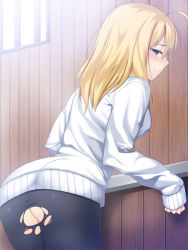 1girl ahoge alternate_costume artoria_pendragon_(all) artoria_pendragon_(fate) ass black_pantyhose blonde_hair blush breasts fate/stay_night fate_(series) from_behind green_eyes hair_down highres looking_at_viewer looking_back pantyhose saber_(fate) skylader sleeves_past_wrists solo sweater torn_clothes torn_pantyhose rating:Questionable score:37 user:danbooru
