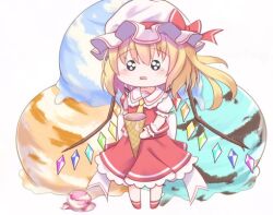  1girl ascot blonde_hair chibi crystal_wings emoji flandre_scarlet food full_body hat hat_ribbon ice_cream liuliu lowres mob_cap open_mouth pleading_face_emoji red_ribbon ribbon side_ponytail simple_background solo tearing_up touhou white_background yellow_ascot 