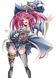  1girl belt black_thighhighs coat duel_monster gishki_emilia hat korican long_hair pointy_ears red_eyes red_hair ritua_emilia solo thighhighs twintails witch_hat yu-gi-oh! yu-gi-oh!_duel_monsters  rating:Sensitive score:15 user:danbooru