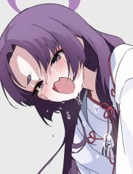  1girl blue_archive blush crying crying_with_eyes_open eyeshadow fang grey_background halo japanese_clothes long_hair makeup miko open_mouth osisio parted_bangs purple_eyes purple_hair red_eyeshadow short_eyebrows simple_background skin_fang sobbing solo tears yukari_(blue_archive) 