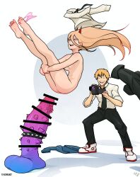 1boy 1girl absurdres airborne ass bar_censor barefoot black_necktie blonde_hair breasts camera censored chainsaw_man demon_girl demon_horns denji_(chainsaw_man) dildo feet fenixman12 full_body hair_between_eyes highres horns hugging_own_legs imminent_penetration jumping legs_apart long_hair medium_breasts midair monster_penis necktie nude open_mouth oversized_object panties panties_around_leg pants pink_panties pointless_censoring power_(chainsaw_man) recording red_horns sex_toy sharp_teeth shoes smile sneakers soles spiked_dildo standing teeth thighs toes underwear unworn_clothes unworn_pants unworn_shirt video_camera white_footwear  rating:Explicit score:103 user:Habibos_