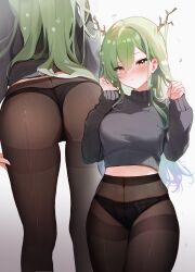  1girl antlers ass black_panties black_pantyhose black_sweater blush breasts ceres_fauna closed_mouth commentary cowboy_shot cropped_sweater english_commentary flower green_hair hair_between_eyes hair_flower hair_ornament high-waist_pantyhose highres holding holding_hair hololive hololive_english horns koahri lace lace-trimmed_panties lace_trim leaf legs_together long_hair long_sleeves looking_at_viewer medium_breasts mole mole_under_eye multiple_views no_pants panties panties_under_pantyhose pantyhose simple_background sleeves_past_wrists solo standing sweater thighband_pantyhose turtleneck turtleneck_sweater underwear very_long_hair virtual_youtuber white_background white_flower yellow_eyes 