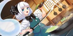 1girl black_bow black_bowtie black_hairband black_ribbon bow bow_hairband bowtie cooking dutch_angle food frying_pan green_skirt green_vest hair_ribbon hairband hands_up highres holding holding_plate holding_sword holding_weapon indoors konpaku_youmu konpaku_youmu_(ghost) non-web_source nuqura official_art open_mouth plate ribbon second-party_source shirt short_hair short_sleeves skirt skirt_set solo steam sweatdrop sword teeth tongue touhou touhou_lostword upper_body upper_teeth_only vest weapon white_hair white_shirt