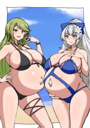  2girls azur_lane beach bikini breasts character_request flower green_hair grey_eyes hair_flower hair_ornament knightraid000 large_breasts long_hair multiple_girls open_mouth outdoors pregnant red_eyes smile swimsuit tagme white_hair  rating:Sensitive score:17 user:Lordkane