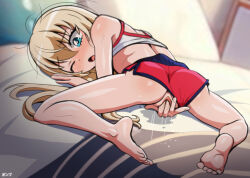 1girl absurdres all_fours arm_rest back bare_legs bare_shoulders barefoot bed bed_sheet blonde_hair blue_eyes blush clothes_lift clothing_aside dolphin_shorts dot_nose eyebrows eyelashes feet female_focus female_masturbation fingering from_behind full_body highres indoors loli long_hair looking_back masturbation motion_lines no_panties nose_blush on_bed one_eye_closed open_mouth ponpu_(pumpkinsinclair) pussy pussy_juice red_shorts shirt shirt_lift short_shorts shorts shorts_aside sleeveless sleeveless_shirt soles solo spread_legs takanashi_misha tank_top thighs toes uchi_no_maid_ga_uzasugiru! water_drop white_shirt rating:Explicit score:426 user:MonsieurCinq