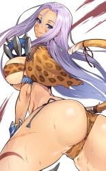 1girl akinaie animal_print ass bandeau blue_eyes breasts cameltoe claws earrings facial_tattoo fringe_trim from_behind hair_between_eyes highres jewelry large_breasts leopard_print leopard_tail light_purple_hair long_hair looking_at_viewer looking_back megido72 ose_(megido72) scar smile spread_legs sweat tail tattoo thong very_long_hair rating:Questionable score:25 user:danbooru
