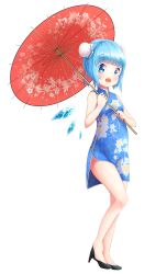  1girl absurdres akisha alternate_costume bare_arms bare_legs black_footwear blue_dress blue_eyes blue_hair blue_wings blunt_bangs bun_cover china_dress chinese_clothes cirno double_bun dress floral_print full_body hair_bun hands_up high_heels highres holding holding_umbrella ice ice_wings looking_at_viewer oil-paper_umbrella open_mouth shoes short_dress short_hair smile solo standing touhou transparent_background umbrella wings 