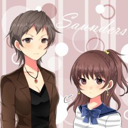  10s 2girls alisa_(girls_und_panzer) alternate_hair_length alternate_hairstyle black_sweater blue_bow bow breasts brown_eyes brown_hair brown_jacket chikomayo cleavage closed_mouth commentary_request cursive earrings english_text formal freckles frown girls_und_panzer grey_shirt hair_ornament jacket jewelry light_smile long_sleeves medium_breasts medium_hair multiple_girls naomi_(girls_und_panzer) necklace one_side_up pendant shirt short_hair sigh star_(symbol) star_earrings star_hair_ornament striped_clothes striped_shirt sweater v-neck very_short_hair  rating:Sensitive score:2 user:danbooru
