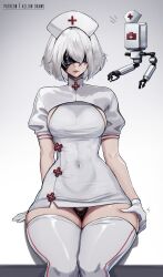  1girl 2b_(nier:automata) aelion_draws alternate_costume artist_name black_blindfold black_panties blindfold blush breasts cleavage clothing_cutout covered_eyes dress gloves gradient_background hand_on_own_thigh hat highres large_breasts medium_breasts mole nier:automata nier_(series) nurse nurse_cap panties pod_(nier:automata) puffy_short_sleeves puffy_sleeves short_dress short_hair short_sleeves simple_background sitting skindentation solo thick_thighs thighhighs thighs underwear white_dress white_gloves white_hair wide_hips  rating:Sensitive score:6 user:danbooru