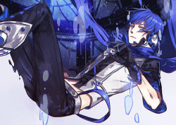  1boy blue_eyes blue_hair falling gloves headset kaito_(vocaloid) looking_at_viewer male_focus matching_hair/eyes midriff navel scarf solo vocaloid witchonly 