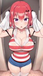 1girl absurdres blush bra_visible_through_clothes breasts cleavage collarbone curvy denim denim_shorts door doorway drying drying_hair foreshortening gabriel_dropout greatmosu hair_ornament highres large_breasts looking_at_viewer open_mouth purple_eyes red_hair satanichia_kurumizawa_mcdowell shirt short_shorts shorts simple_background solo striped striped_shirt thick_thighs thigh_gap thighhighs thighs towel wet wet_clothes wet_hair white_thighhighs rating:Sensitive score:344 user:danbooru