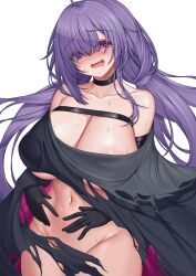  1girl azur_lane bare_shoulders black_choker black_gloves blush bottomless breast_strap breasts choker cleavage collarbone drooling eyes_visible_through_hair gloves groin hair_over_one_eye heart heart-shaped_pupils highres huge_breasts long_hair looking_at_viewer low_twintails midriff mogador_(azur_lane) mole mole_on_breast mouth_drool navel no_panties open_mouth pinkcap purple_eyes purple_hair revealing_clothes simple_background solo stomach sweat symbol-shaped_pupils torn_clothes twintails very_long_hair white_background 
