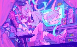  2girls absurdres ame-chan_(needy_girl_overdose) animal_ear_headphones animal_ears ass blue_hair bow buro_(muse_dash) cat cat_ear_headphones chair chouzetsusaikawa_tenshi-chan computer controller crossover curtains drawing_(object) earphones earrings fake_animal_ears finger_to_another&#039;s_mouth game_controller gaming_chair hair_bow headphones headset highres in-franchise_crossover jewelry mil7uka miniskirt monitor multicolored_hair multiple_girls muse_dash needy_girl_overdose neon_palette official_art pien_cat_(needy_girl_overdose) pink_hair purple_theme quad_tails school skirt sleeveless socks swivel_chair thighs through_medium through_screen twintails white_hair 