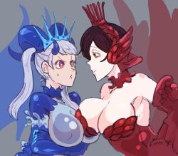  2girls armor arms_under_breasts artist_request black_clover blue_armor breast_press breasts cleavage crossed_arms crown glaring grey_background hand_on_own_hip headgear highres large_breasts long_hair multiple_girls noelle_silva pink_eyes red_armor red_hair short_hair silver_hair smile sweatdrop twintails valkyrie vanica_zogratis  rating:Questionable score:24 user:Anything_Goes