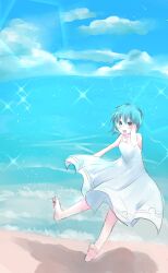  1girl barefoot beach blue_eyes blue_hair blue_sky blush cloud commentary_request darkness_666666 dress full_body heterochromia highres looking_at_viewer ocean open_mouth outdoors red_eyes short_hair sky solo tatara_kogasa touhou white_dress 