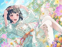  1girl :d arms_up bang_dream! black_hair collared_dress dress dutch_angle floral_print flower flower_bed frills gem hair_ornament hairclip hands_on_headwear head_wreath knees_up light_blush official_art open_mouth outdoors pantyhose pearl_(gemstone) petals print_pantyhose red_eyes ribbon short_hair sitting smile solo third-party_source ushigome_rimi white_pantyhose 