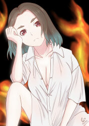  1girl arm_between_legs artist_name black_background bob_cut breasts brown_hair cleavage closed_mouth collarbone commentary dated dress_shirt elbow_rest eyelashes fire frown gaen_tooe gradient_hair green_hair head_rest head_tilt huumoon knee_up large_breasts looking_at_viewer monogatari_(series) multicolored_hair naked_shirt no_pants obon one-hour_drawing_challenge orange_background owarimonogatari parted_bangs partially_unbuttoned plunging_neckline red_eyes shirt short_hair short_sleeves signature sitting solo thick_eyebrows white_shirt 