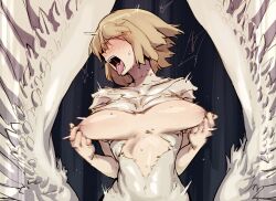  1girl ahegao blush body_fur breasts breasts_apart chimera commentary doppel_(bonnypir) dungeon_meshi falin_touden falin_touden_(chimera) feathered_wings feathers grabbing_own_breast hair_over_eyes highres monster_girl nipple_pull nipple_stimulation nipple_tweak open_mouth short_hair solo spoilers sweat symbol-only_commentary tongue tongue_out tweaking_own_nipple white_feathers wings 