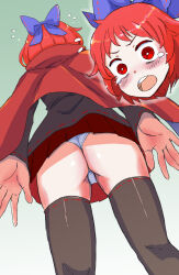  1girl ass black_shirt black_thighhighs blue_bow blush bow bright_pupils cape commentary_request disembodied_head dot_nose dutch_angle embarrassed flying_sweatdrops from_behind from_below gradient_background hair_bow highres jack_(wkm74959) long_sleeves miniskirt open_mouth panties pleated_skirt red_cape red_eyes red_hair red_skirt sekibanki shirt short_hair skirt solo standing tearing_up teeth thighhighs touhou underwear upper_teeth_only v-shaped_eyebrows white_panties white_pupils 
