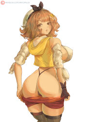  1girl absurdres artofalva ass ass_focus atelier_(series) atelier_ryza bare_shoulders blush breasts brown_eyes brown_hair clothes_pull fingerless_gloves from_behind gloves hair_ornament hair_ribbon hairclip hat highres huge_ass large_breasts looking_at_viewer looking_back red_shorts reisalin_stout ribbon short_hair short_shorts shorts shorts_pull sideboob smile solo thighhighs thong  rating:Sensitive score:60 user:armorcrystal