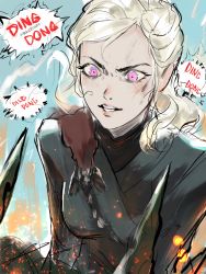  1girl a_song_of_ice_and_fire absurdres blush clenched_teeth crazy_eyes daenerys_targaryen dragon english_text female_focus game_of_thrones highres lips long_hair platinum_blonde_hair purple_eyes ragecndy smoke solo spoilers teeth upper_body  rating:Sensitive score:26 user:raveofcrows