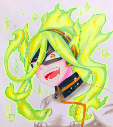  1girl absurdres arms_at_sides artist_request boku_no_hero_academia breasts burnin_(boku_no_hero_academia) buttons collared_dress crazy_eyes double-breasted dress eye_mask eyebrows_visible_through_mask eyelashes fangs female_focus fiery_hair fire gradient_hair green_fire green_hair hair_between_eyes hair_ornament hairband highres jacket kamiji_moe large_breasts long_bangs long_hair long_sleeves looking_at_viewer mask multicolored_hair neck open_mouth ponytail red_hairband sidelocks simple_background sparkle_background standing suit_jacket traditional_media upper_body v-shaped_eyebrows white_background white_dress wide_ponytail yellow_eyes 