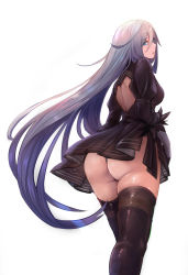 1girl absurdres ass backless_dress backless_outfit black_footwear black_thighhighs blue_eyes boots breasts cosplay dress eyelashes gloves grey_hair hair_between_eyes highres juliet_sleeves lips long_hair long_sleeves looking_back medium_breasts nekojira nier_(series) nier:automata panties pantyshot parted_lips patterned_clothing puffy_sleeves shiny_skin solo standing thigh_boots thighhighs thighhighs_under_boots underwear very_long_hair white_background white_hair 2b_(nier:automata) 2b_(nier:automata)_(cosplay) a2_(nier:automata) rating:Questionable score:81 user:danbooru