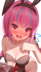  1girl @_@ absurdres ahoge anger_vein animal_ears bare_hips bare_shoulders black_leotard blurry blush braid breasts cleavage covered_navel depth_of_field fake_animal_ears from_above highleg highleg_leotard highres hololive kaju_paint leotard long_hair looking_at_viewer medium_breasts minato_aqua multicolored_hair open_mouth pink_hair playboy_bunny rabbit_ears sidelocks simple_background streaked_hair sweat twin_braids virtual_youtuber white_background 
