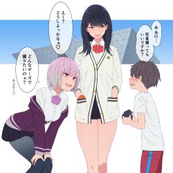  1boy 2girls age_difference bent_over black_hair black_skirt blue_eyes blush bow bowtie breasts brown_hair buttons camera cardigan child collared_shirt commentary_request cowboy_shot faceless faceless_male gray_leggings gridman_universe hands_in_pockets hands_on_own_knees highres holding holding_camera jacket kemuri_haku leaning_forward legs_together light_purple_hair long_hair looking_at_another miniskirt multiple_girls nervous off_shoulder onee-shota open_mouth pantyhose pink_bow pink_bowtie pink_hair pleated_skirt purple_jacket red_bow red_bowtie red_eyes school_uniform shinjou_akane shirt short_hair shota simple_background skirt speech_bubble ssss.gridman standing sweatdrop sweater takarada_rikka teenage_girl_and_younger_boy thighs tokyo_big_sight translated white_background white_cardigan white_shirt white_sweater  rating:Sensitive score:234 user:danbooru