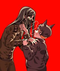  2boys art_trade bandaged_hand bandages beanie black_eyes black_hair black_hat black_jacket black_mask black_sleeves blush_stickers buttons chromatic_aberration cigarette commentary covered_mouth cowboy_shot danganronpa_(series) danganronpa_v3:_killing_harmony english_commentary eryomich eye_black face-to-face gakuran green_eyes green_jacket green_pants green_sleeves hand_on_another&#039;s_shoulder hand_on_own_neck hat height_difference high_collar highres holding holding_another&#039;s_wrist holding_cigarette horned_hat hoshi_ryoma jacket layered_sleeves leather leather_jacket long_hair long_sleeves male_focus mask medibang_paint_(medium) mouth_hold mouth_mask multiple_boys no_headwear orange_hair pants red_background school_uniform shinguji_korekiyo short_hair simple_background smoke smoking straight_hair zipper zipper_pull_tab 