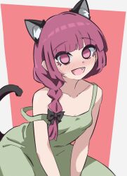  1girl :d absurdres animal_ears bare_shoulders blush bocchi_the_rock! braid breasts cat_ears cat_girl cat_tail collarbone dress fang ghuler green_dress hair_over_shoulder hair_ribbon highres hiroi_kikuri looking_at_viewer off_shoulder open_mouth purple_eyes purple_hair ribbon simple_background single_braid small_breasts smile solo strap_slip tail wide-eyed  rating:Sensitive score:3 user:danbooru