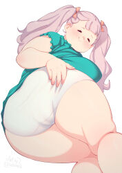  1girl absurdres ass breasts camisole closed_eyes closed_mouth cloudxmoe fat from_behind highres huge_ass jasminka_antonenko large_breasts little_witch_academia long_hair looking_back panties pink_hair short_sleeves simple_background smile solo thick_thighs thighs twintails underwear white_background white_panties 