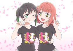  2girls ;p black_hair blush breasts cherry_blossoms english_text facing_viewer flower gradient_hair green_eyes green_hair hair_bun hair_ornament hairclip hand_on_another&#039;s_shoulder jaycee love_live! love_live!_nijigasaki_high_school_idol_club medium_breasts medium_hair multicolored_hair multiple_girls one_eye_closed open_mouth orange_hair shirt short_hair simple_background single_side_bun skirt smile teeth tongue tongue_out twintails uehara_ayumu upper_teeth_only v white_background yellow_eyes yuri 
