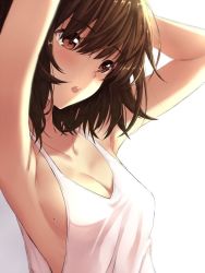1girl :o armpits arms_behind_back arms_behind_head arms_up bad_id bad_twitter_id blouse blush bokokichi_(you) breasts brown_eyes brown_hair cleavage collarbone eyebrows from_side hair_between_eyes looking_away medium_breasts mole mole_on_breast no_bra open_mouth shirt short_hair sideboob simple_background sleeveless sleeveless_shirt solo tank_top tareme upper_body white_shirt rating:Sensitive score:36 user:danbooru