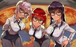 3girls arms_behind_back ass black_hair breasts buck_teeth chainsaw_man ear_piercing earrings explosion fami_(chainsaw_man) glasses grey_hair grey_sky hand_on_own_hip jewelry large_breasts long_hair looking_at_viewer makima_(chainsaw_man) meme multiple_girls nails necktie nerd_emoji orange_eyes piercing red_hair ribosoma_42 scar scar_across_eye siblings similar_clothes sisters sky smile teeth thighs white_hair yellow_eyes yoru_(chainsaw_man)