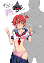  10s 1girl 3boys absurdres alexis_(ssss.gridman) blue_eyes blush bow bow_panties bulge commentary_request covered_erect_nipples crossdressing double_v erection fat fat_man fingernails flat_chest gridman_universe hand_on_another&#039;s_shoulder heavy_breathing hibiki_yuuta highres imminent_penetration male_focus multiple_boys nail_polish panties penis red_hair red_nails sailor_collar school_uniform shinjou_akane ssss.gridman trap ulrich_(tagaragakuin) underwear undressing undressing_another v  rating:Questionable score:27 user:danbooru