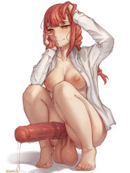  1girl animal_penis artist_name barefoot braid braided_ponytail breasts chainsaw_man closed_mouth erection full_body futanari highres horse_penis long_hair long_sleeves looking_at_viewer makima_(chainsaw_man) medium_breasts nipples open_clothes open_shirt penis precum red_hair ringed_eyes seraziel shirt simple_background solo squatting testicles uncensored veins veiny_penis white_background white_shirt yellow_eyes  rating:Explicit score:91 user:danbooru