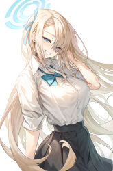  1girl absurdres asuna_(blue_archive) black_choker black_skirt blonde_hair blue_archive blue_bow blue_bowtie blue_eyes blue_halo blue_ribbon bow bowtie breasts button_gap choker clenched_teeth commentary hair_between_eyes halo highres large_breasts long_hair looking_at_viewer ribbon school_uniform shirt short_sleeves simple_background skirt sr911656337775 teeth very_long_hair white_background white_shirt 