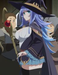  1girl 2boys black_robe black_thighhighs blue_eyes blue_hair blue_skirt breasts cape charlotte_reis cleavage hat highres large_breasts long_hair long_sleeves looking_at_viewer multiple_boys pleated_skirt robe screencap shirt skirt smile staff stitched tensei_kizoku_kantei_skill_de_nariagaru thighhighs thighs third-party_edit white_shirt 