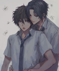  2boys black_eyes black_hair brown_hair bug butterfly character_request closed_mouth collared_shirt commentary_request grey_background grey_shirt hair_between_eyes highres hug hug_from_behind insect jiz_(pffbq) looking_at_another looking_at_viewer male_focus multiple_boys muted_color open_mouth school_uniform shirt short_hair short_sleeves simple_background smile tennis_no_ouji-sama upper_body yaoi 