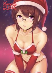  1girl 2016 bad_id bad_pixiv_id bare_shoulders bell bikini breasts brown_hair choker christmas cleavage collar elbow_gloves facial_mark from_above fur_trim glasses gloves hat heart heart_facial_mark highres lips lipstick looking_at_viewer makeup navel neck_bell original parted_lips purple_eyes purple_mii red_bikini red_gloves santa_hat short_hair solo stomach swimsuit thighhighs thighs  rating:Sensitive score:24 user:purpleheart