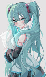  1girl 39 :| absurdres aqua_eyes aqua_hair aqua_necktie black_skirt black_sleeves blush breasts closed_mouth collared_shirt commentary_request detached_sleeves from_side hatsune_miku headphones headset highres holding holding_paper kawasuru_(15miclon) long_hair looking_at_viewer medium_breasts necktie no_nose number_tattoo paper pleated_skirt shirt simple_background skirt sleeveless sleeveless_shirt solo sweatdrop tattoo test_score tsurime twintails v-shaped_eyebrows very_long_hair vocaloid white_background white_shirt 