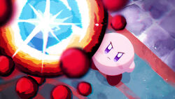  &gt;:( blush_stickers chaos_elfilis colored_skin commentary_request dutch_angle fecto_elfilis haramakiii10 highres kirby kirby_(series) kirby_and_the_forgotten_land looking_at_another nintendo no_humans orb pink_skin purple_eyes red_footwear solid_oval_eyes v-shaped_eyebrows 
